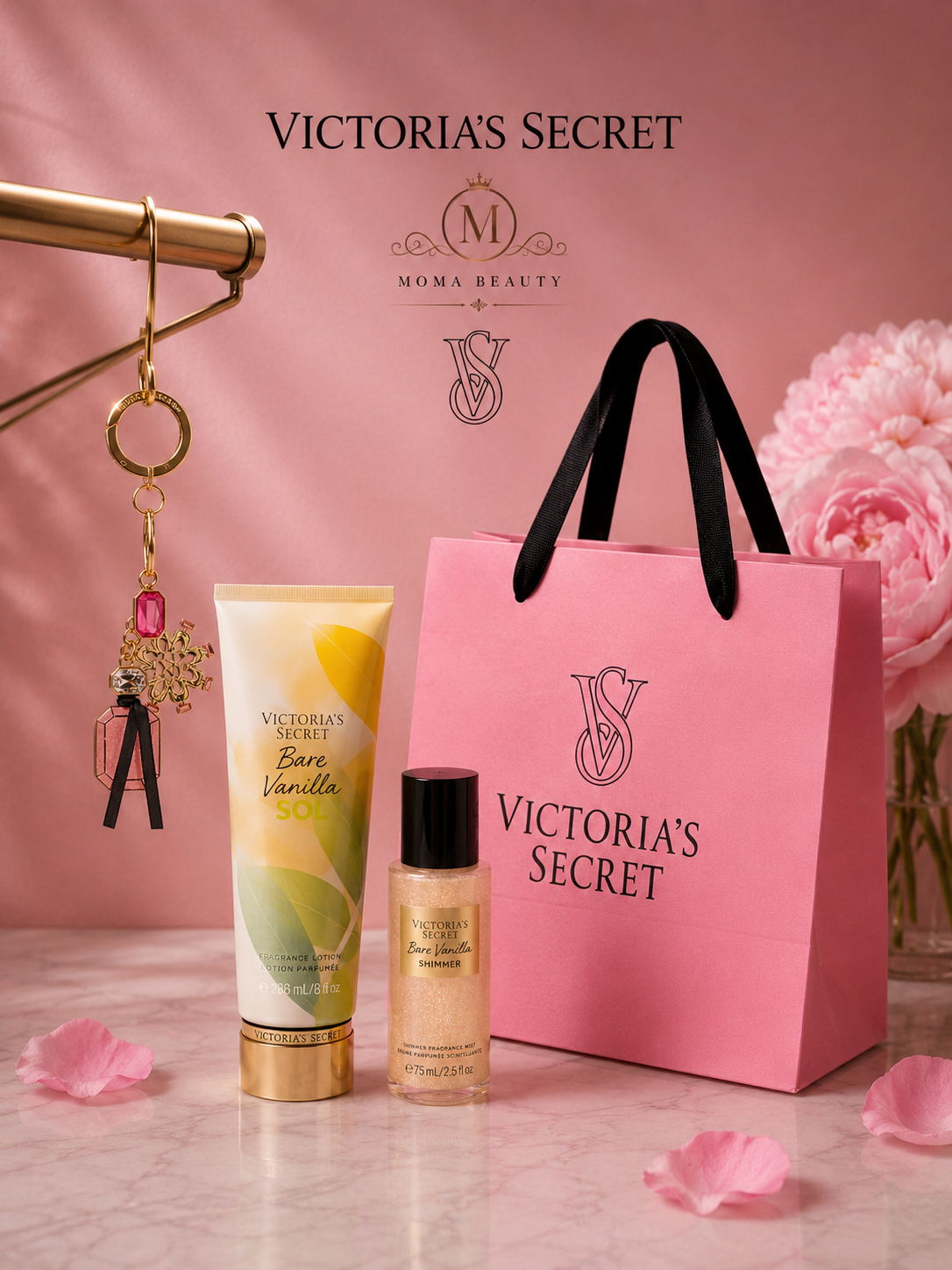 Подаръчен Комплект 🍦 SUNSET VANILLA🍦 Лосион за тяло Bare Vanilla SOL & Спрей за тяло Bare Vanilla & Ключодържател & Торбичка