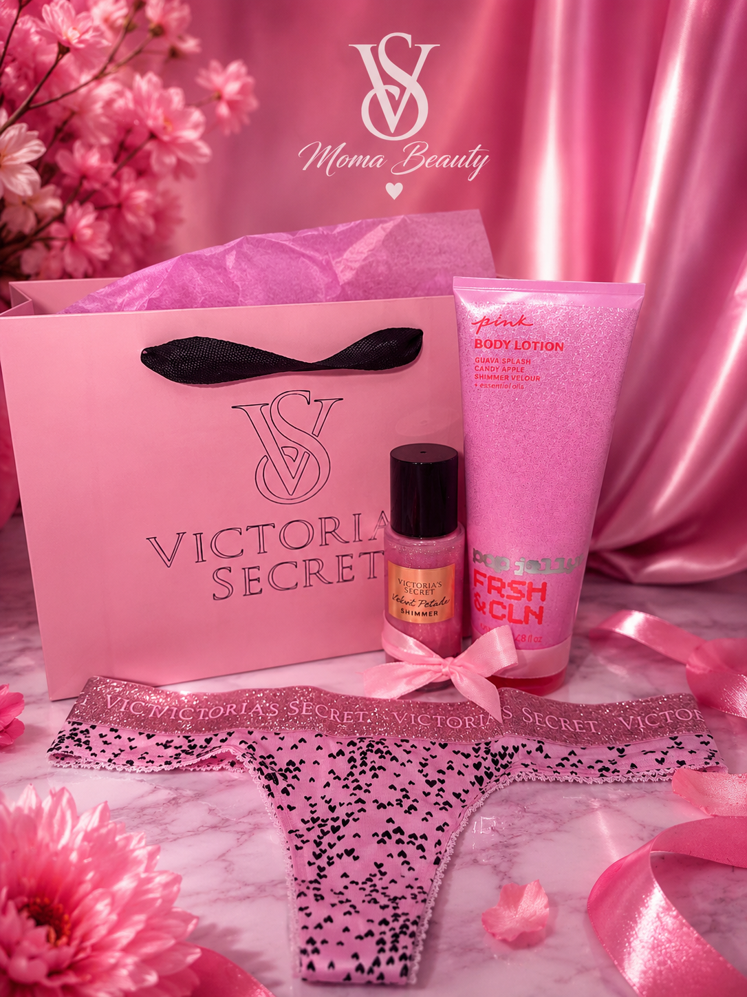 Подаръчен Комплект Лосион✨Pop Jelly Fresh & Clean & Спрей за тяло Velvet petals брокат & Прашки & Торбичка